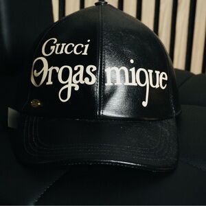 Gucci Black Leather Cap with White Lettering